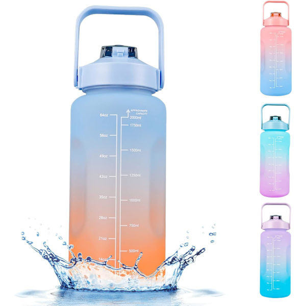 (blå) Sport Vattenflaska 2 Liter BPA Fri Vattenflaska med Tidsmarkör, Motiverande Vattenflaska med Sugrör, Läckagesäker blue