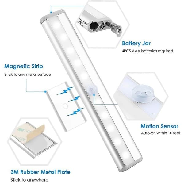 Rörelsesensor Ljusremsa, (10 LED, 3-pack) Trådlös Garderobslampa