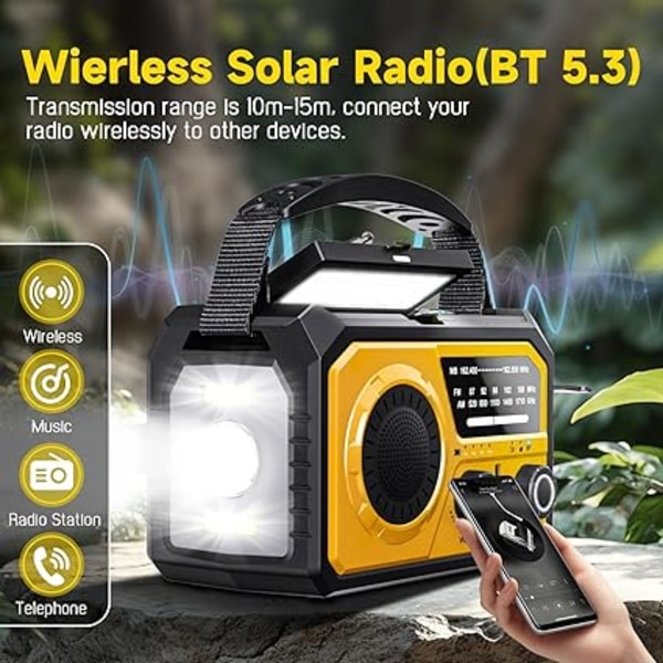 Käsikäyttöinen hätäradio AM/FM LED-taskulampulla ja aurinkolaturilla – Kannettava sääradio ulkoiluun, retkeilyyn ja hätätilanteisiin (oranssi)