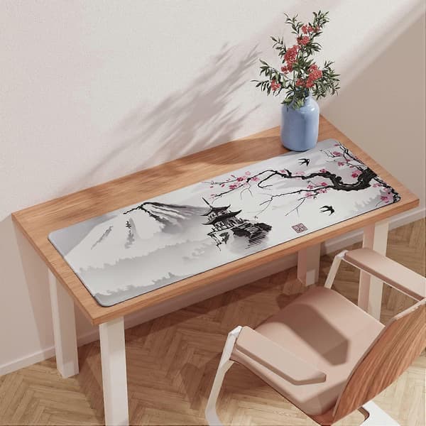 Japansk kirsebærblomst musematte (31,5 x 11,8 x 0,12 tommer) Utvidet stor musematte skrivebordsunderlag, sydde kanter musematte