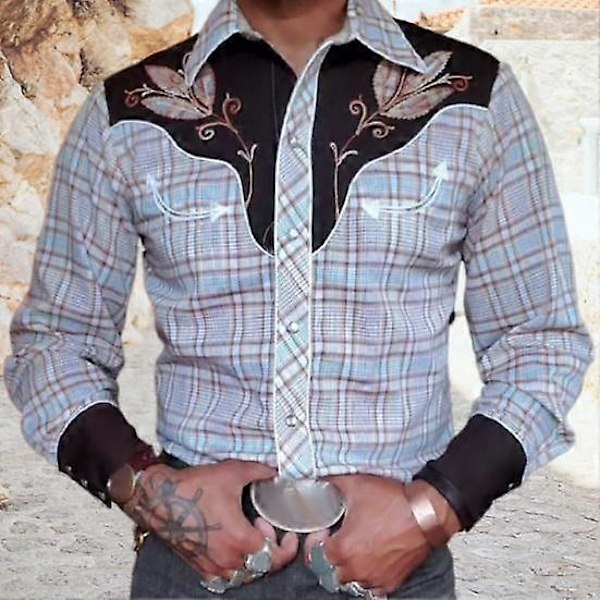 Miesten paita Vintage Western Cowboy -kuvioinen yksirivinen Slim Fit pitkähihainen alaslaskettava kaulus napit LGL sininen blue 3XL