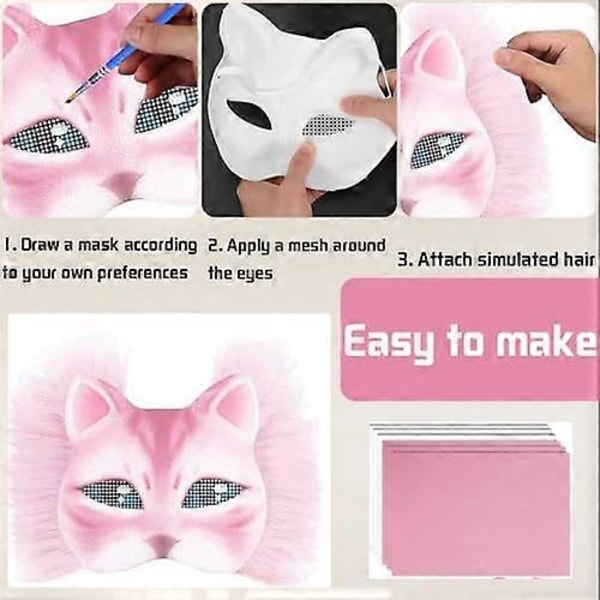 Kattemaske med pels og nettingøye, blanke papirmasker for DIY, hvite malepapirmasker, kattemaske for DIY Halloween Mardi Gras-fest Rose-29pcs