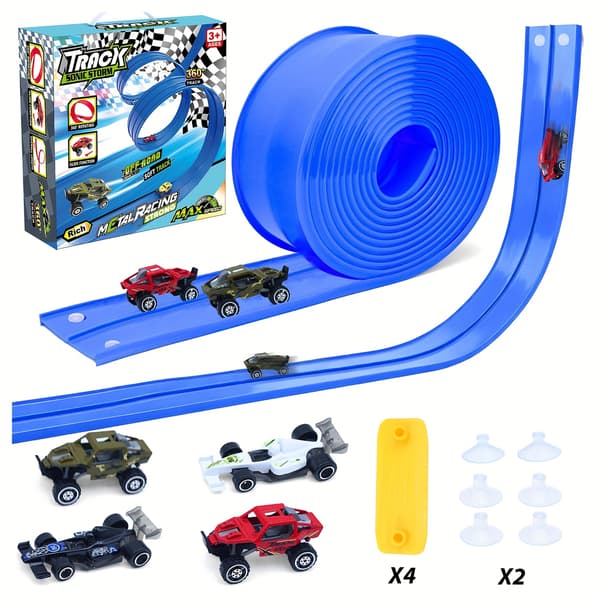 4,88 m flexibel bana med sugproppar, 1/64 modellbilar, inget batteri, 3+ år Bl\u00e5
