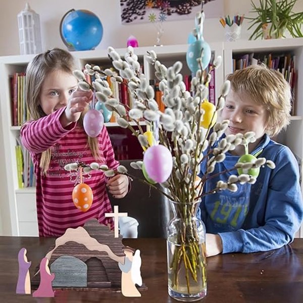Påskkrubba i trä - 1/2 Påskpysselfigurer, Påskuppståndelseset, Påskpysselscen i trä, Lyckobringare, Påskdekorationsfigur