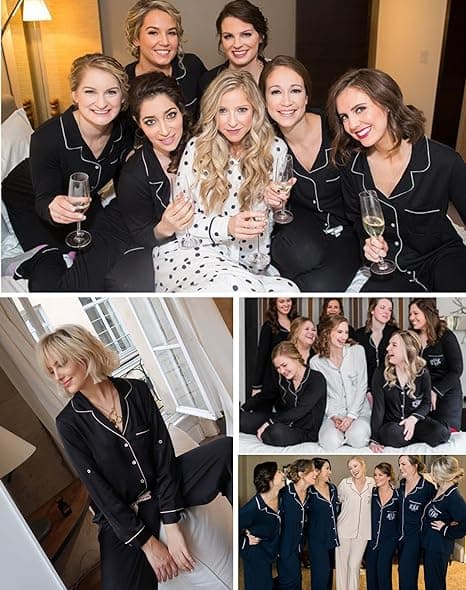 Långärmad pyjamas för dam, knäppning fram, bomulls nattkläder, svart Black M