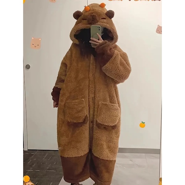 Capybara pyjamas för kvinnor, vinter, korallfleece, tjock sammet, nattklänning, lång flanell morgonrock, hemmakläder XXL