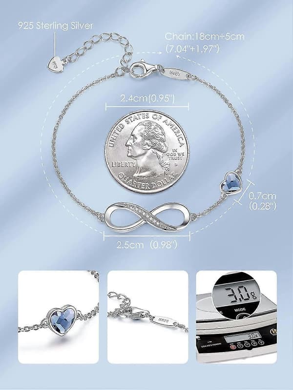 Infinity Hjerte Sjarmarmbånd - 925 Sterling Sølv Justerbart Smykkegave til Kvinner