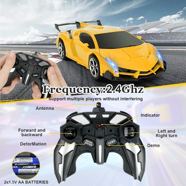 Fjärrstyrd Bil, 1:18 Transformerande Leksaker Fjärrstyrd Transformerande Bil, 2-i-1 Transformerande Robotleksak med 2.4GHz Fjärrkontroll Gul - Lamborghini