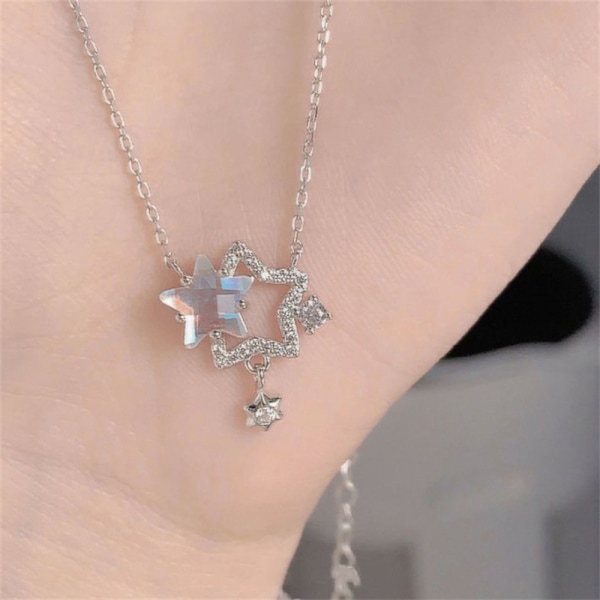 Hul Rhinestone Dobbel Stjerne Halskjede Dame Kragebenslenke D