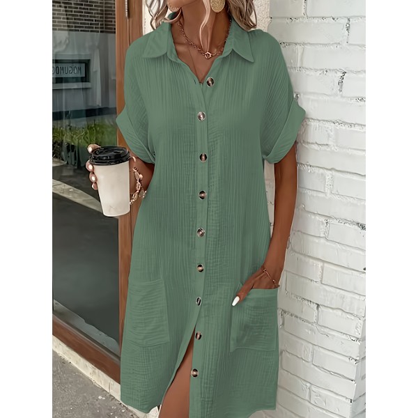 Casual skjortekjole til kvinder med knapper, korte ærmer, ensfarvet, revers, knælang, vintage stil, minimalistisk kjole | Blank tekstur Army Green S