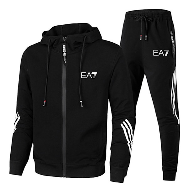 Herre Sports Hættetrøje Træningssæt Langærmet Fuld Lynlås Hættetrøje Sweatshirt Jakke + Joggingbukser Træningsbukser Outfit Med Lommer Sort Black XL