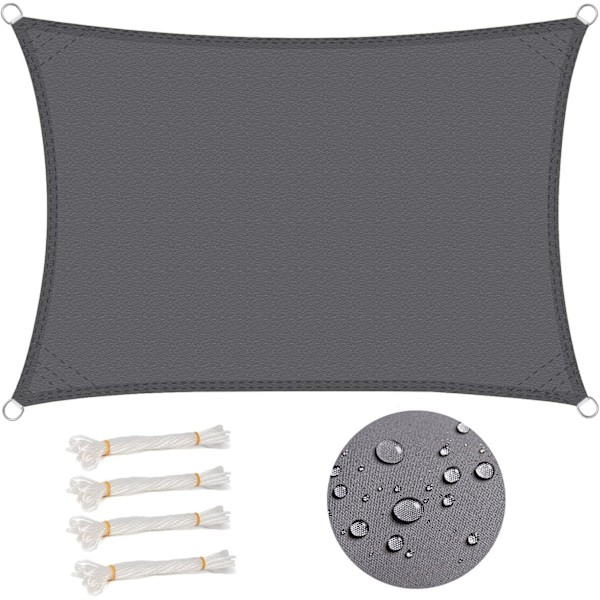 Solsejl, Rektangulær Vandafvisende Polyester Solskærm, UV Beskyttelse Vindafviser til Have, Terrasse, Camping (Grå, 3*4m) Gray 3*4m