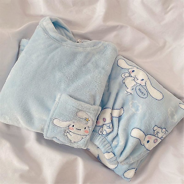 Tegneserie Søte Pyjamas For Kvinner Vinter Kawaii Sanrios Cinnamoroll Korall Fleece Hjemmekler Pyjamas Sett Varme Sove Topper L 49-59KG