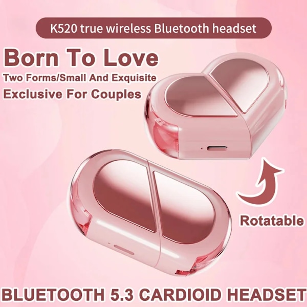 K520 Trådløse Hodetelefoner Stereo Ørepropper med Roterbart Hjerteformet Ladeetui Hodetelefoner med Lav Latens for Telefon Nettbrett(FMY) Pink