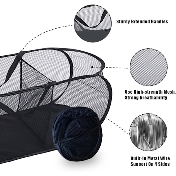 Hopfällbar tvättkorg, hopfällbar tvättkorg i svart nät med 3 fack, hopfällbar tvättkorg för förvaring av leksaker
