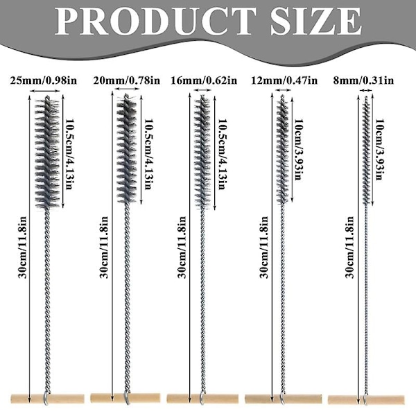 Sæt med 8/12/16/20/25mm Rengøringsbørste Rustfrit Stål Hulbørste Rengøringsbørste til Silver