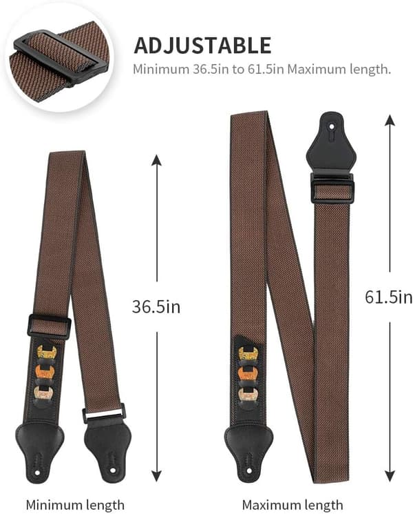 Gitarrband, 100% mjukt bomullsband med 3 plektrumklämmor, kompatibelt med bas, elgitarr och akustisk gitarr (brun) Brown