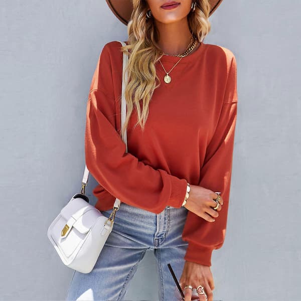 Dame Topp Drop Shoulder Langermet Høy Stretch Crewneck Pullover Skjorte for Høst Vinter