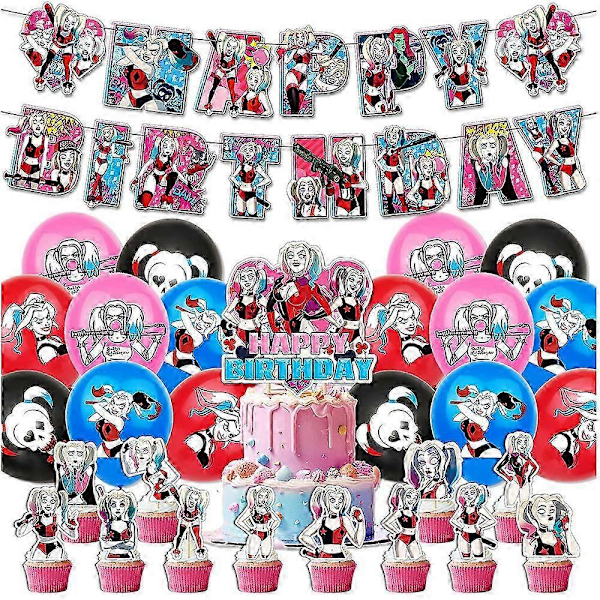 Harley Quinn -teemainen syntymäpäiväjuhlatarvikesetti: banneri, ilmapallot, muffinssi- ja kakunkoristeet