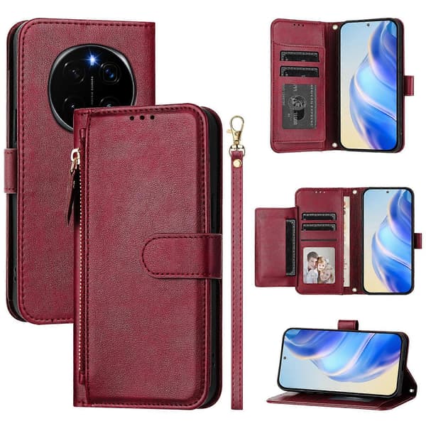 Compatible with Honor Magic7 Pro 5G Case Zipper Pocket Multiple Card Slots Leather Phone CaseCJY Red