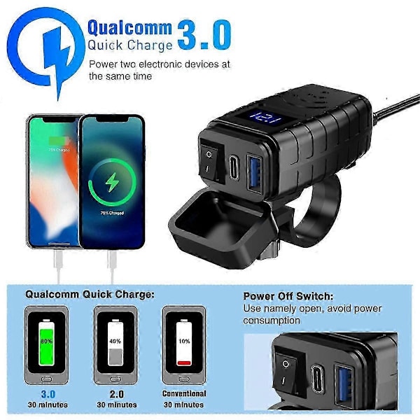 PD3.0+QC3.0 Motorcycle USB Fast Charger Port Socket Plug with Mobile Voltmeter Digital ChargingCJY Black