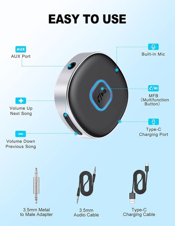 Bluetooth AUX-adapter for bil, egnet for hjemmestereo/høyttalere/kabel