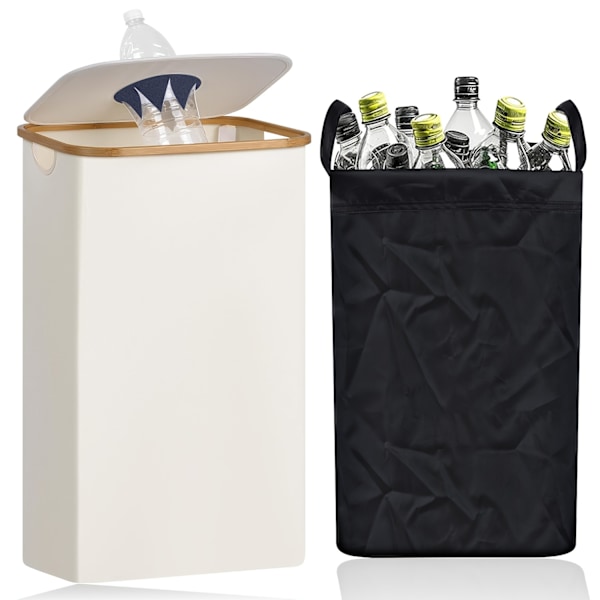 Återvinningskärl, 100L återvinningskärl för kök inomhus, 26 gallon stor kapacitet flaskåtervinningskärl med avtagbar bärväska, Beige With One Inner Pocket