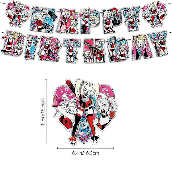 Harley Quinn -teemainen syntymäpäiväjuhlatarvikesetti: banneri, ilmapallot, muffinssi- ja kakunkoristeet