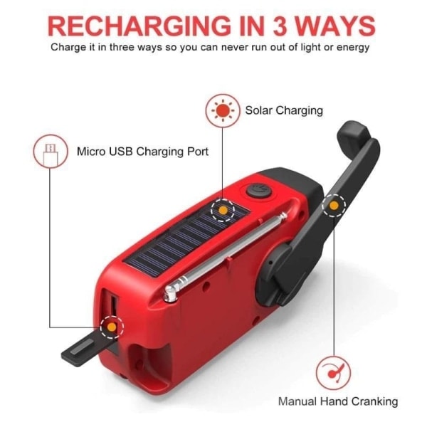 Påsketilbud! Høj kvalitets håndsvingradio med solceller, lommelygte og 2000mAh Powerbank SOS Nød - Rød red 300