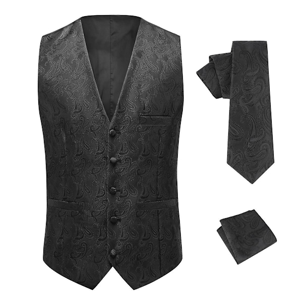 Sliktaa Herr V-ringad Jacquard Väst Tredelat Set (Väst + Slips + Bröstnäsduk) Black XS