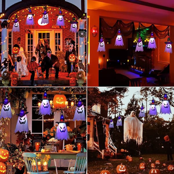 Halloween Outdoor Decorations, Hanging Luminous Ghost Witch Hat with String Lights, Spooky Halloween Tree Decorations, CJY