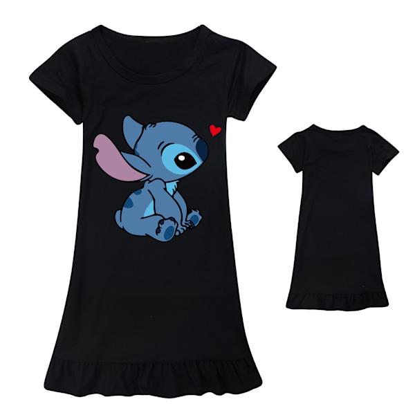 Barn Flickor Tecknad Stitch Nattlinne Kortärmad Nattklänning Pyjamas Klänning Svart Svart Svart Black 130cm