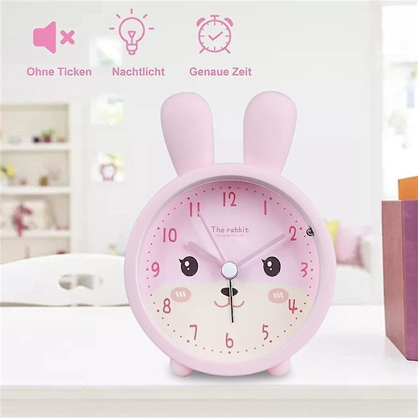 Barnevekkerklokke for jenter uten tikking, kanin barnevekkerklokke stille vekkerklokke med lys student [kk] Pink