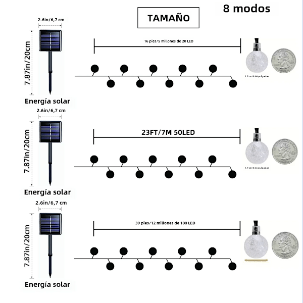 Solcells kristallkula ljusslinga, vattentät utomhuslampa, trädgårdsdekoration, innergård, 20/50/100 LED, 8 lägen 20 LED 20 LEDs No,