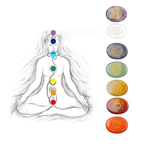 7 stk. Chakra Sten Reiki Helende Kvarts Indgraverede Chakra Symboler