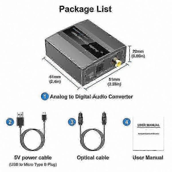 Digital lydkonverterer med RCA til optisk kabel, støtter Toslink og koaksial utgang Black grey