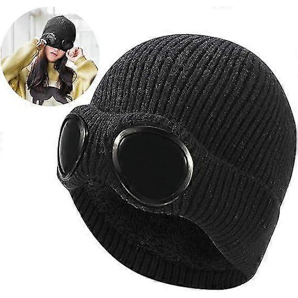 Stickad mössa, Unisex Goggle Mössa Stickad Vinter Tjock Mössa, Svart