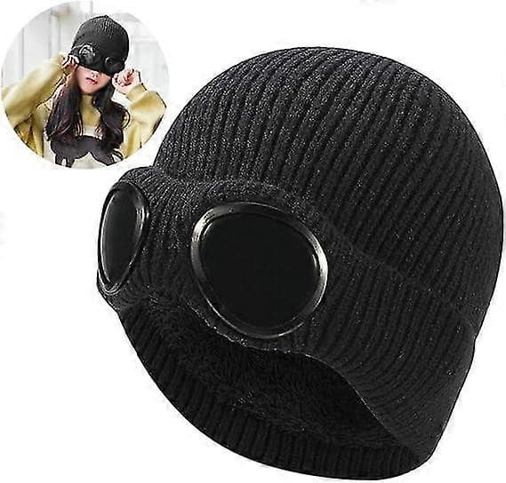 Strikket hue, Unisex Goggle Beanie Strikket Vinter Chunky Hue, Sort