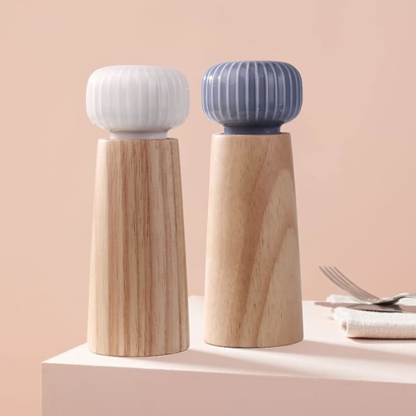 Salt- og peberkværnsæt - Træ- og keramisk peberkværn med justerbar grovhed, 17,5 cm (med bakke) Guanguan