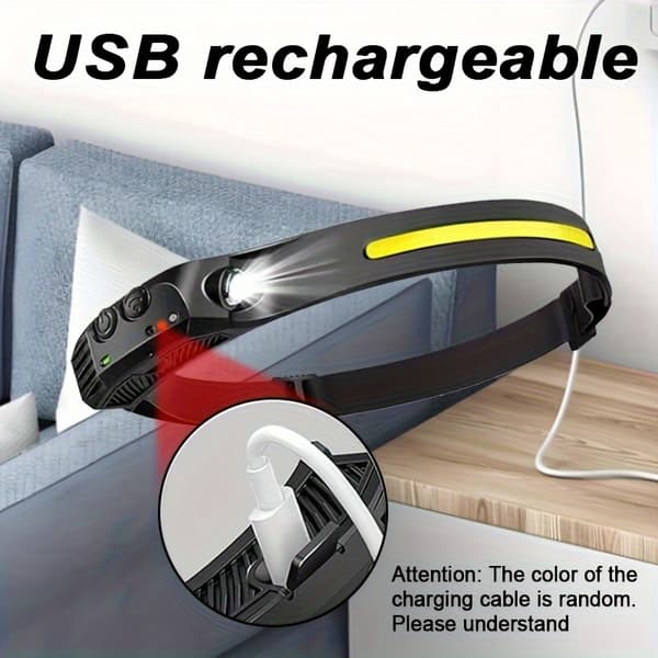 1/2 stk. Lyssterk COB-hodelykt, utendørs bevegelsessensor, USB-oppladbar, 5 moduser, løping/camping 1 stk