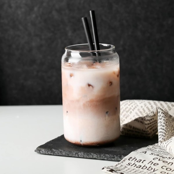 Drikkeglass med bambuslokk og sugerør, ølglass iskaffe latte for melk kaffe isvann cocktail (500 ml)