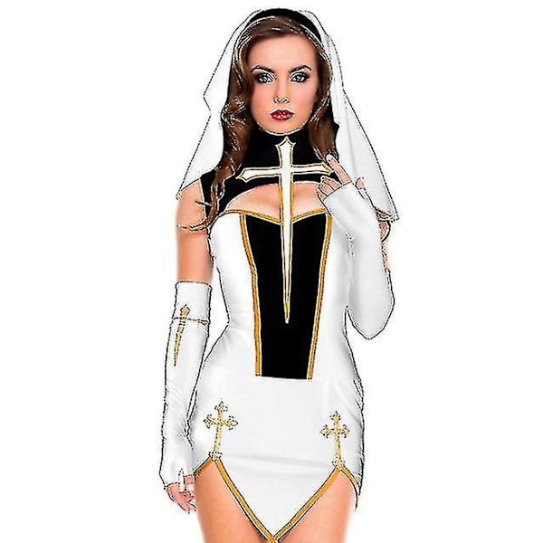 Mike Mike Naisten Sexy Nun Cosplay Puku Karnevaali Halloween Fantasia Fantasia Puku -WELLNGS Valkoinen-3kpl White-3pcs S