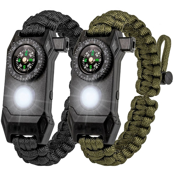 2 mustaa ja vihreää paracord-selviytymisranneketta - Tactical Emerge