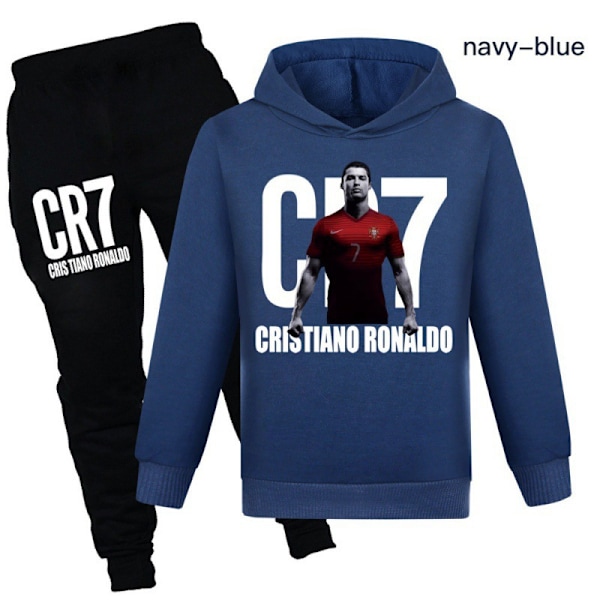 CR7 Ronaldo Drenge Træningsdragt Fodbold Hættetrøje Sweatshirt Hættetrøjer + Bukser Udstyr Marineblå Marineblå Marineblå Navy blue 150 cm