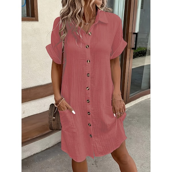 Casual skjortekjole til kvinder med knapper, korte ærmer, ensfarvet, revers, knælang, vintage stil, minimalistisk kjole | Blank tekstur The color of rouge M