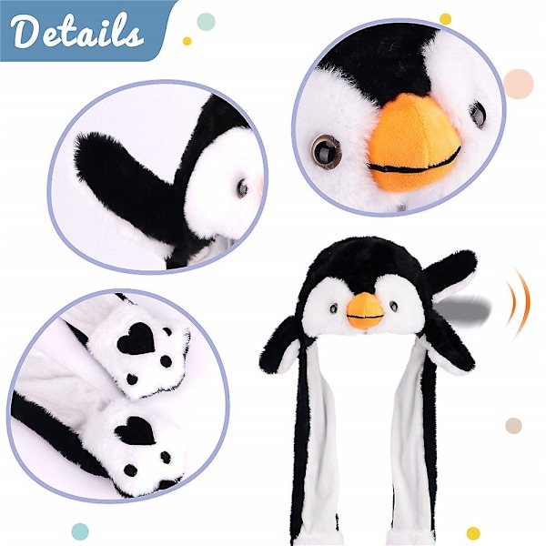 Plush Penguinhatt med Öron som Rör sig, Hoppande Pop Up Beat Hatt, Julparty Cosplay Present