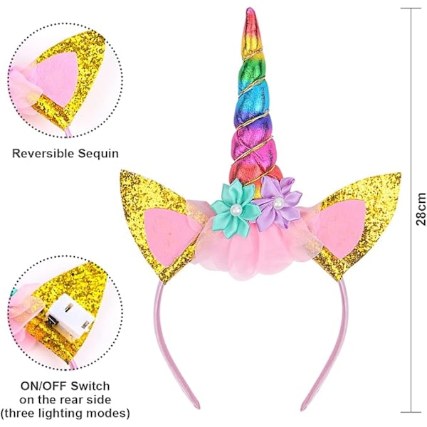 Enhjørning Kostyme, LED Lysende Enhjørning Kjole Prinsesse Fantasi Klesopp, med Enhjørning Hodebånd og Fiberoptisk Tryllestav, Jenter Fe Tutu Headdress