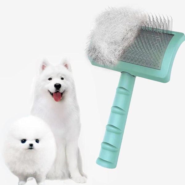 C-shaped thick back self-cleaning pet grooming brush with Belgian curved long needle bristles