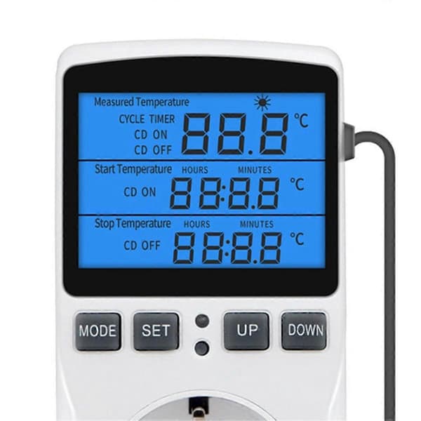Optisk digital temperaturregulator, varme-kjøletermostatuttak med sensor for reptilinkubator EU-plugg CJY White