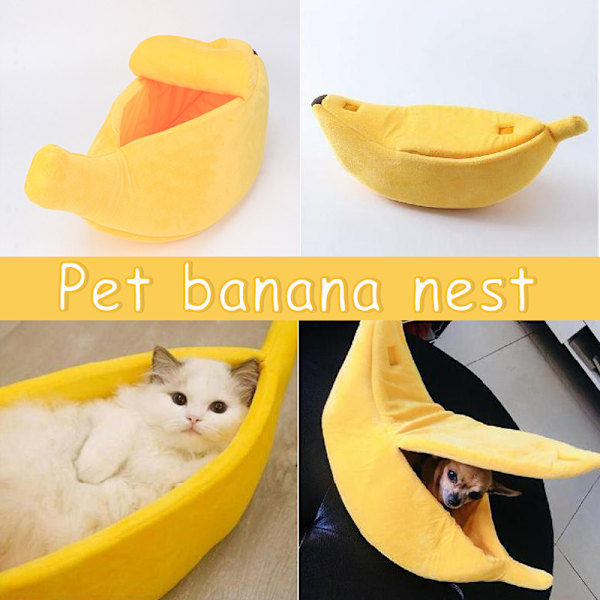 Kattenseng i bananform - Søt seng med myk fløyelsfôr og pute for kattunger - Khaki Khaki L